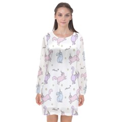 Unicorn Cats Pattern 2 Long Sleeve Chiffon Shift Dress  by Littlebird