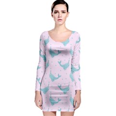 Narwales Stars  Pattern Pink Long Sleeve Bodycon Dress by Littlebird