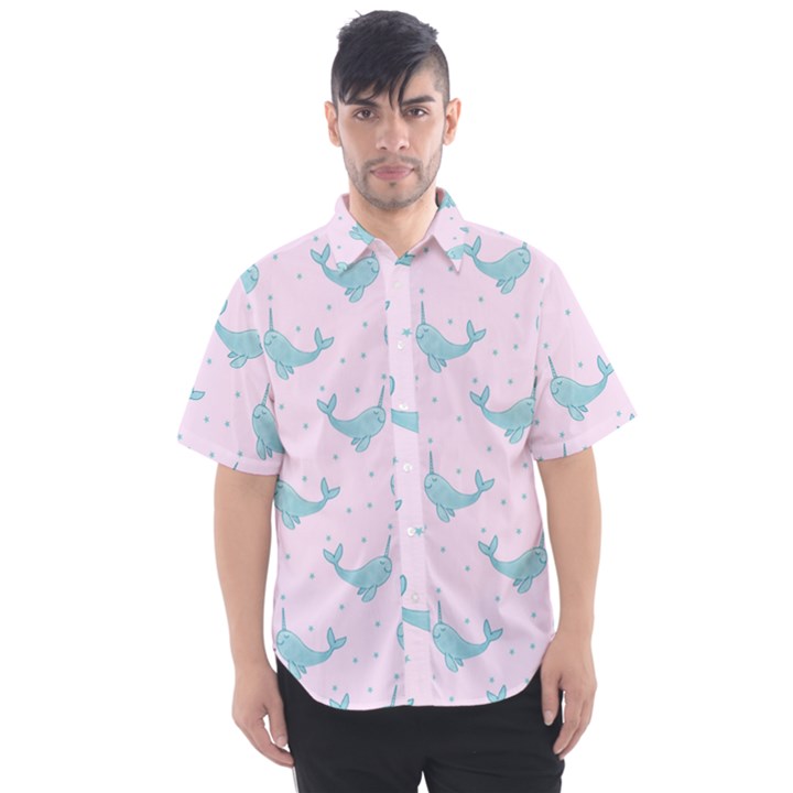 Narwales Stars  Pattern Pink Men s Short Sleeve Shirt