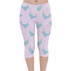 Narwales Stars  Pattern Pink Velvet Capri Leggings  by Littlebird