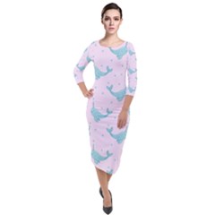 Narwales Stars  Pattern Pink Quarter Sleeve Midi Velour Bodycon Dress by Littlebird