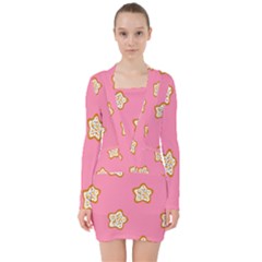 Cookies Pattern Pink V-neck Bodycon Long Sleeve Dress by Littlebird