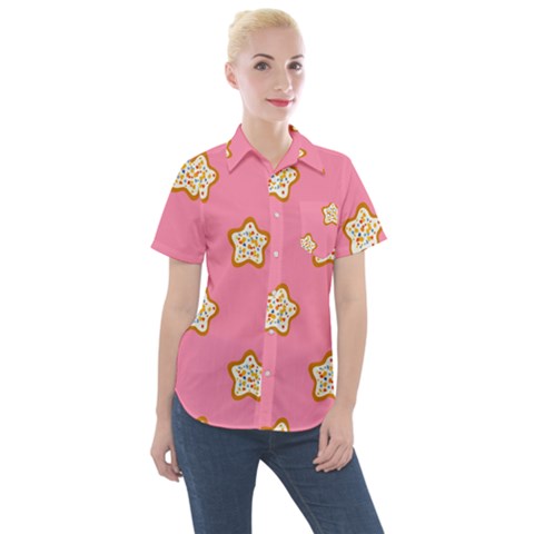 Cookies Pattern Pink Women s Short Sleeve Pocket Shirt by Littlebird