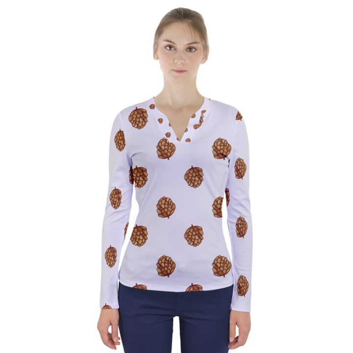 Pine cones White V-Neck Long Sleeve Top