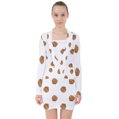 Pine Cones White V-neck Bodycon Long Sleeve Dress by Littlebird