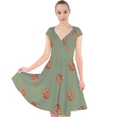 Pine Cones Green Cap Sleeve Front Wrap Midi Dress