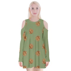 Pine Cones Green Velvet Long Sleeve Shoulder Cutout Dress