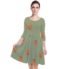 Pine Cones Green Quarter Sleeve Waist Band Dress by Littlebird