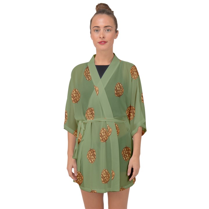 Pine cones green Half Sleeve Chiffon Kimono