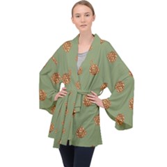 Pine Cones Green Long Sleeve Velvet Kimono  by Littlebird