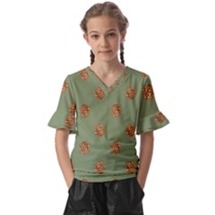 Pine Cones Green Kids  V-neck Horn Sleeve Blouse