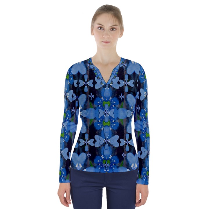 Rare Excotic Blue Flowers In The Forest Of Calm And Peace V-Neck Long Sleeve Top