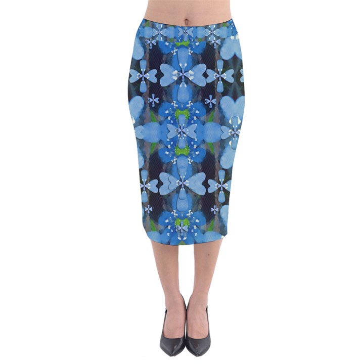 Rare Excotic Blue Flowers In The Forest Of Calm And Peace Velvet Midi Pencil Skirt