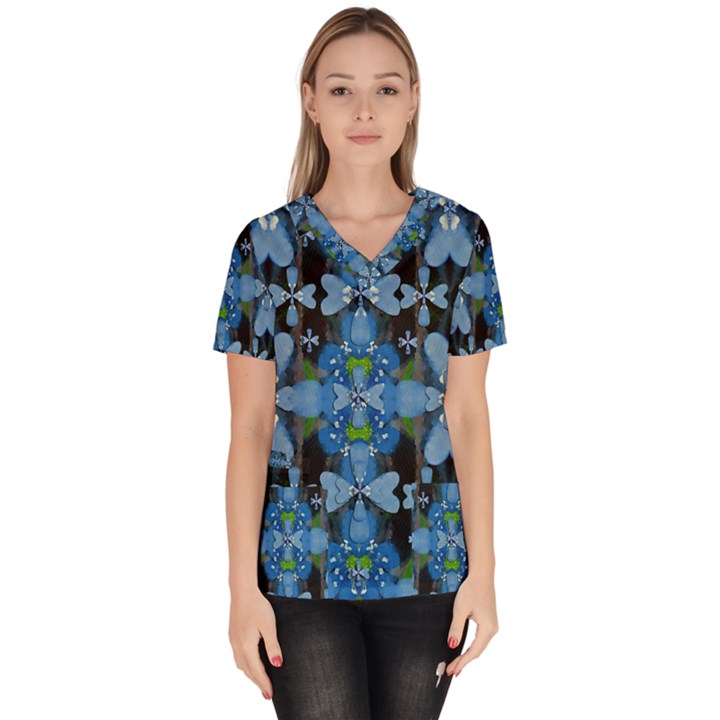 Rare Excotic Blue Flowers In The Forest Of Calm And Peace Women s V-Neck Scrub Top