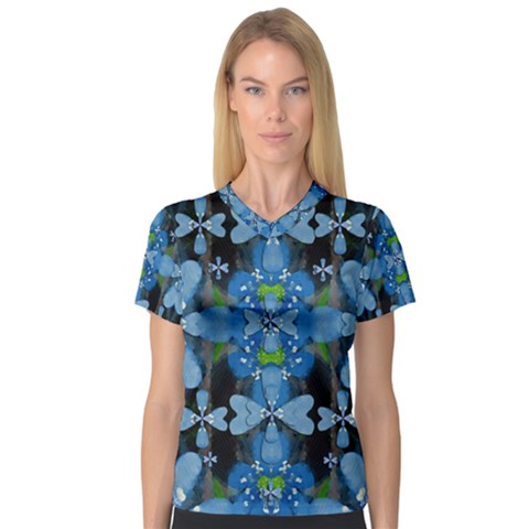 Rare Excotic Blue Flowers In The Forest Of Calm And Peace V-neck Sport Mesh Tee by pepitasart