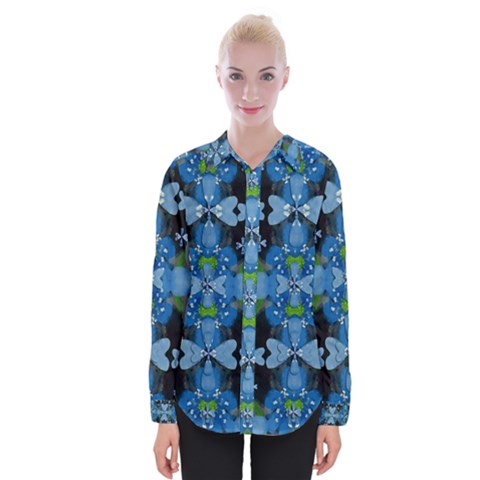 Rare Excotic Blue Flowers In The Forest Of Calm And Peace Womens Long Sleeve Shirt by pepitasart