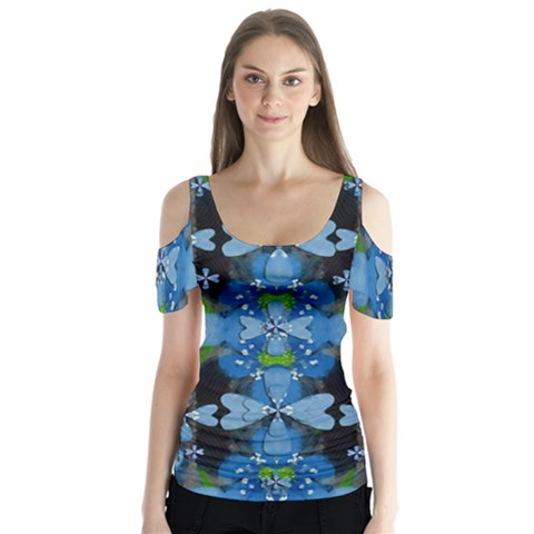 Rare Excotic Blue Flowers In The Forest Of Calm And Peace Butterfly Sleeve Cutout Tee  by pepitasart