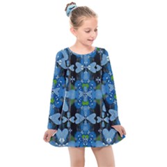 Rare Excotic Blue Flowers In The Forest Of Calm And Peace Kids  Long Sleeve Dress by pepitasart