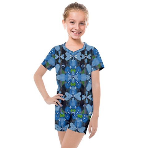 Rare Excotic Blue Flowers In The Forest Of Calm And Peace Kids  Mesh Tee And Shorts Set by pepitasart