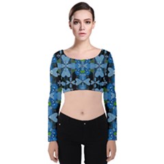 Rare Excotic Blue Flowers In The Forest Of Calm And Peace Velvet Long Sleeve Crop Top by pepitasart