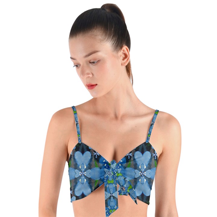 Rare Excotic Blue Flowers In The Forest Of Calm And Peace Woven Tie Front Bralet