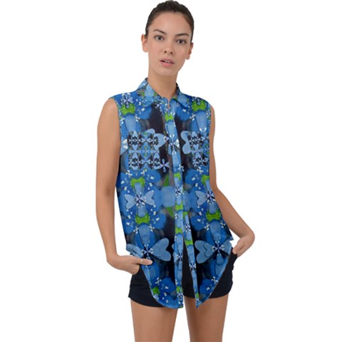 Rare Excotic Blue Flowers In The Forest Of Calm And Peace Sleeveless Chiffon Button Shirt by pepitasart