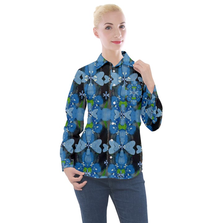 Rare Excotic Blue Flowers In The Forest Of Calm And Peace Women s Long Sleeve Pocket Shirt