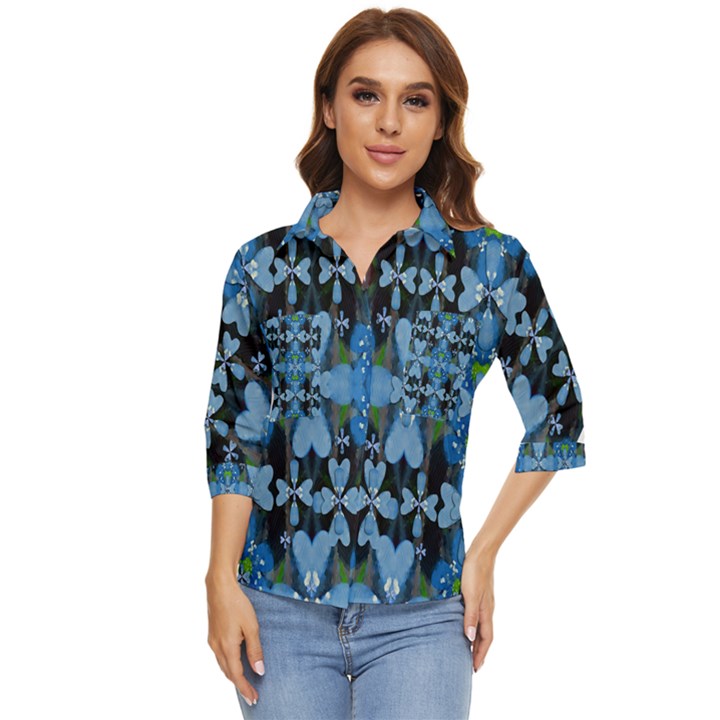 Rare Excotic Blue Flowers In The Forest Of Calm And Peace Women s Quarter Sleeve Pocket Shirt