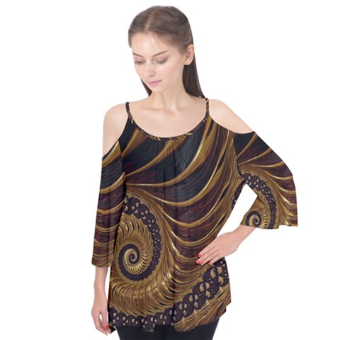 Shell Fractal In Brown Flutter Sleeve Tee  by SomethingForEveryone