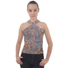 Sidewalk Leaves Cross Neck Velour Top