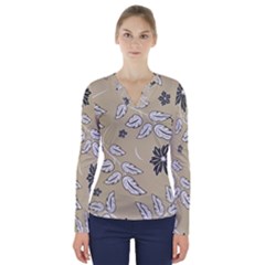 Folk Flowers Print Floral Pattern Ethnic Art V-neck Long Sleeve Top by Eskimos