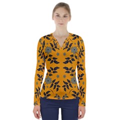 Floral Folk Damask Pattern Fantasy Flowers Floral Geometric Fantasy V-neck Long Sleeve Top by Eskimos