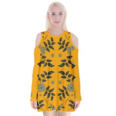 Floral Folk Damask Pattern Fantasy Flowers Floral Geometric Fantasy Velvet Long Sleeve Shoulder Cutout Dress by Eskimos