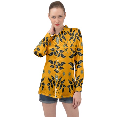 Floral Folk Damask Pattern Fantasy Flowers Floral Geometric Fantasy Long Sleeve Satin Shirt by Eskimos