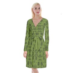 Floral Folk Damask Pattern Fantasy Flowers Floral Geometric Fantasy Long Sleeve Velvet Front Wrap Dress by Eskimos