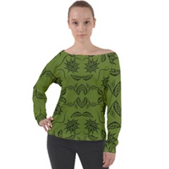 Floral Folk Damask Pattern Fantasy Flowers Floral Geometric Fantasy Off Shoulder Long Sleeve Velour Top by Eskimos