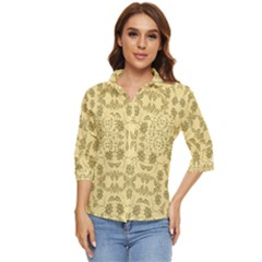 Floral Folk Damask Pattern Fantasy Flowers Floral Geometric Fantasy Women s Quarter Sleeve Pocket Shirt