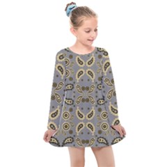 Floral Folk Damask Pattern Fantasy Flowers Floral Geometric Fantasy Kids  Long Sleeve Dress by Eskimos