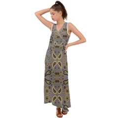 Floral Folk Damask Pattern Fantasy Flowers Floral Geometric Fantasy V-neck Chiffon Maxi Dress by Eskimos