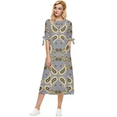 Floral Folk Damask Pattern Fantasy Flowers Floral Geometric Fantasy Bow Sleeve Chiffon Midi Dress by Eskimos