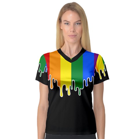 Gay Pride Flag Rainbow Drip On Black Blank Black For Designs V-neck Sport Mesh Tee by VernenInk