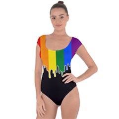 Gay Pride Flag Rainbow Drip On Black Blank Black For Designs Short Sleeve Leotard  by VernenInk