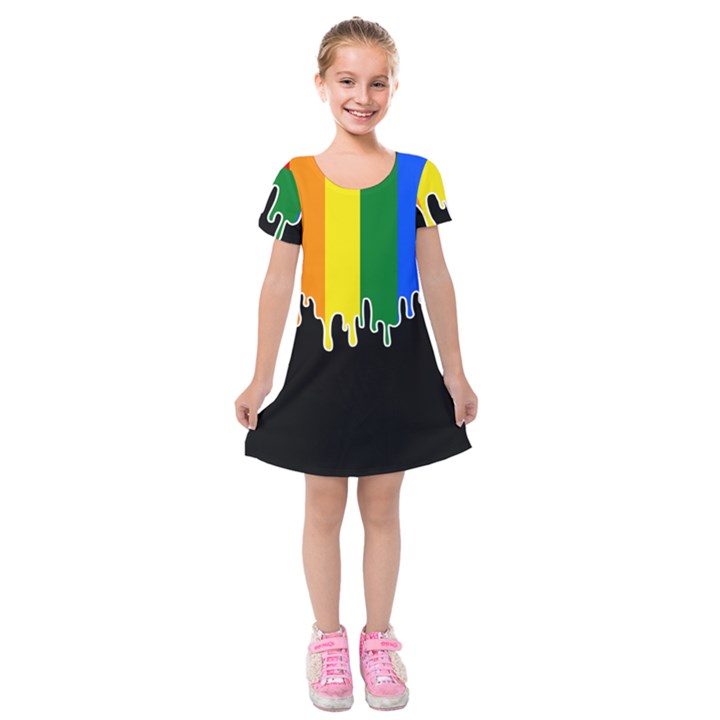 Gay Pride Flag Rainbow Drip On Black Blank Black For Designs Kids  Short Sleeve Velvet Dress