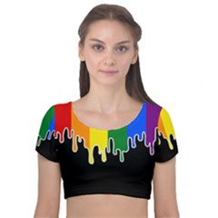 Gay Pride Flag Rainbow Drip On Black Blank Black For Designs Velvet Short Sleeve Crop Top  by VernenInk