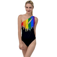 Gay Pride Flag Rainbow Drip On Black Blank Black For Designs To One Side Swimsuit by VernenInk