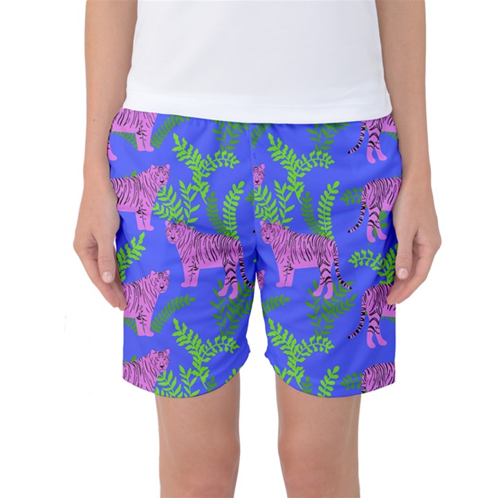 Pink Tigers On A Blue Background Women s Basketball Shorts