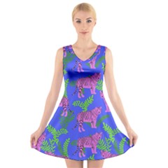 Pink Tigers On A Blue Background V-neck Sleeveless Dress by SychEva