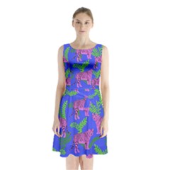 Pink Tigers On A Blue Background Sleeveless Waist Tie Chiffon Dress by SychEva