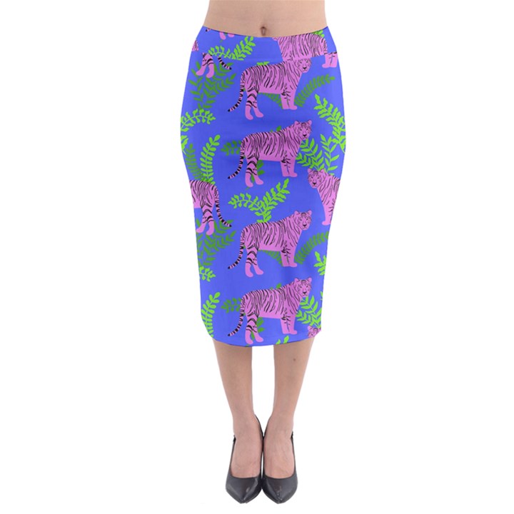 Pink Tigers On A Blue Background Midi Pencil Skirt