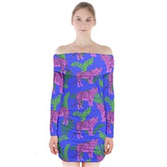 Pink Tigers On A Blue Background Long Sleeve Off Shoulder Dress by SychEva